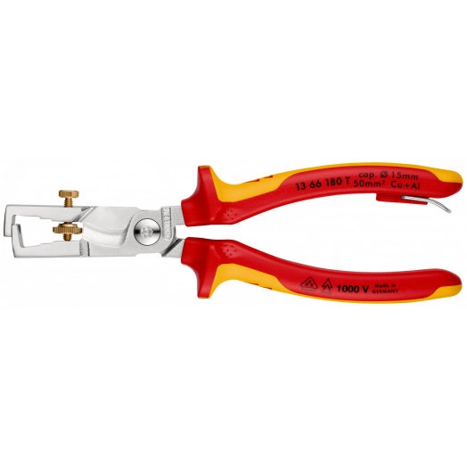 Стриппер-кабелерез STRYX 2-в-1 для одно- много- и тонкожильного кабеля VDE 1000V рез: кабель  15 мм (50 мм) зачистка:  5 мм (10 мм AWG 8) L-180 мм диэлектрический хромированный 2-компонентные рукоятки крепление для страховки KN-1366180T