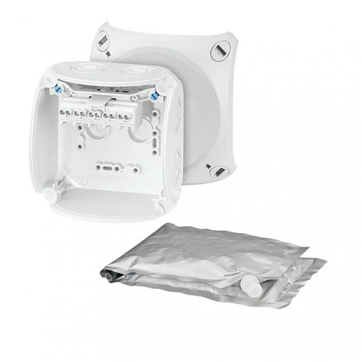 Коробка клеммная с компаундом 104х104х70 мм IP68 500мл 7хМ20/M25 5-пол. 1.5-4кв.мм серая