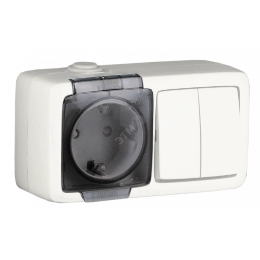 Alfa Блок с пылевлагозащитой, розетка одноместная, со шторками, с заземляющими контактами, выключатель двухклавишный, белый