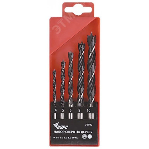 Набор сверл по дереву, пластиковый бокс, 5 шт(4-5-6-8-10 мм)