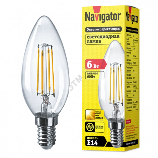 Лампа светодиодная LED 6вт Е14 теплый свеча FILAMENT