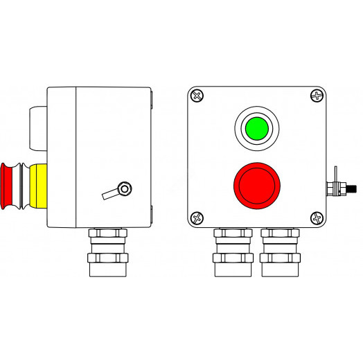 Пост управления взрывозащищенный из GRP. 1Ex d e IIC T6 Gb X/Ex tb IIIB T80C Db X/IP66. Аварийная кнопка красная, 1NC/1NO-1шт. Кнопка зеленая, 1NC/1NO-1шт. С: ввод D5,5-13мм под бронированный кабель, Ni-2шт.