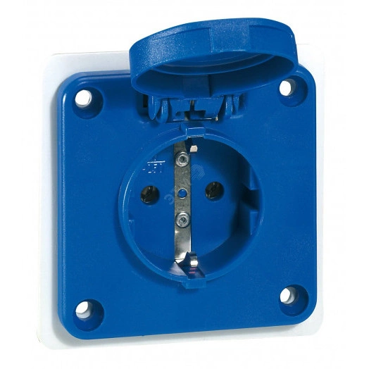 Розетка с заземлением 16А 2К+З 230В IP44 синяя 75х75 со шторками немецкий стандарт