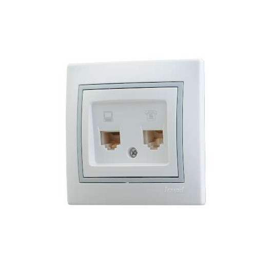 Розетка компьютерная + телефонная 2-м СП Mira RJ45 + RJ11 IP20 с сер. вставкой бел. LEZARD 701-0215-143