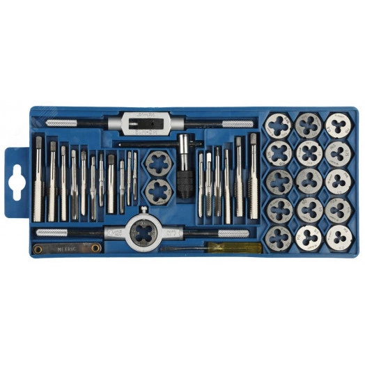 Набор метчиков и плашек в пластиковом боксе, сталь 9ХС 40 предметов