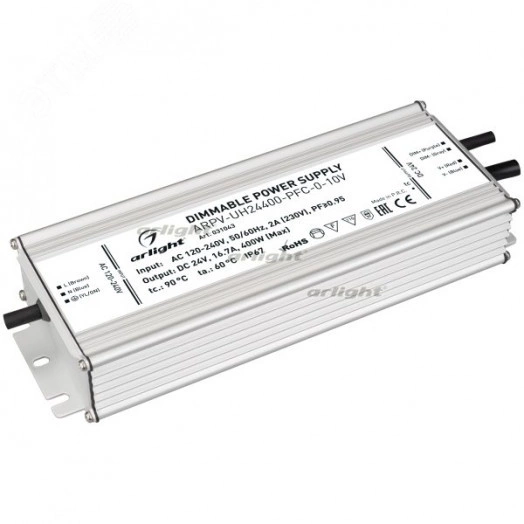 Блок питания ARPV-UH24400-PFC-0-10V (24V, 16.7A, 400W) (ARL, IP67 Металл, 7 лет)