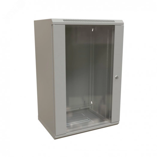 "Шкаф настенный 19-дюймовый 19"" 18U 908x600х450мм стеклянная дверь с перфорацией  ручка с замком  серый RAL 7035 WRline WR-TW-1845-GP-RAL7035"