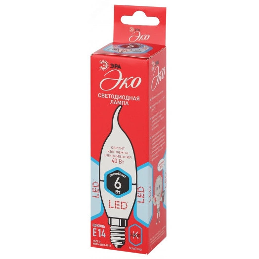 Лампа светодиодная ECO LED BXS-6W-840-E14 (диод, свеча на ветру, 6Вт, нейтр, E14 (10/100/2800) ЭРА