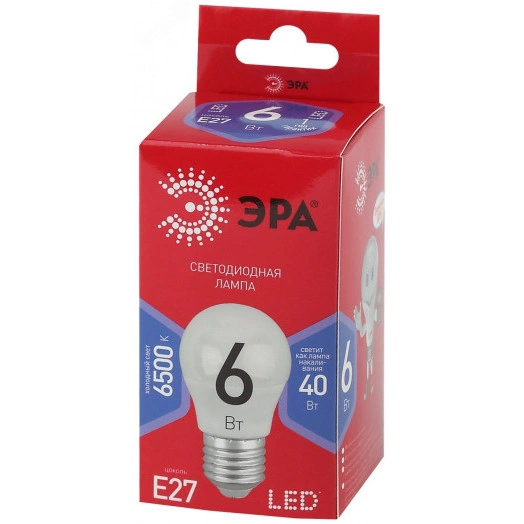Лампа светодиодная LED P45-6W-865-E27 R  (диод, шар, 6Вт, хол, E27) (10/100/3600) ЭРА