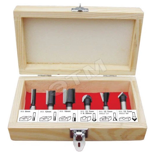 Фрезы по дереву кромочные, набор 6 шт, деревянный бокс, хвостовик 6 мм