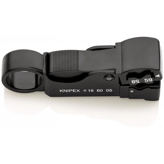 Стриппер для коаксиального кабеля для удаления наружной оболочки экрана и изоляции за один рабочий ход 3 ножа зачистка: RG 58 59 + 62 L-105 мм корпус из противоударного пластика блистер KN-166005SB