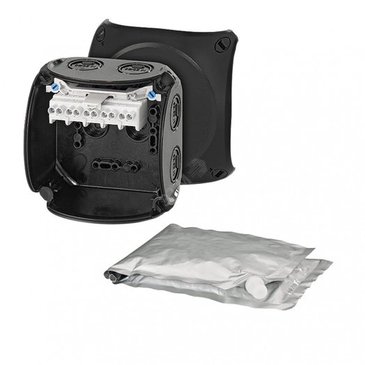 Коробка клеммная с компаундом 104х104х70 мм IP68 500мл 7хМ20/M25 5-пол. 1.5 -6кв.мм черная