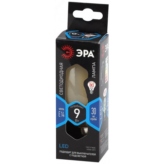 Лампа светодиодная F-LED B35-9w-840-E14 frost  (филамент, свеча мат, 9Вт, нейтр, E14) (10/100/5000) ЭРА