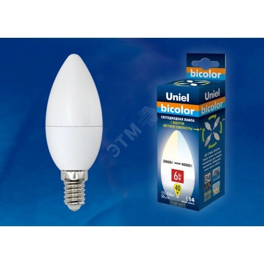 Лампа светодиодная с выбором цветовой температуры LED 6вт 175-250В свеча 450 Лм Е14 3000К-4000К Uniel Bicolor