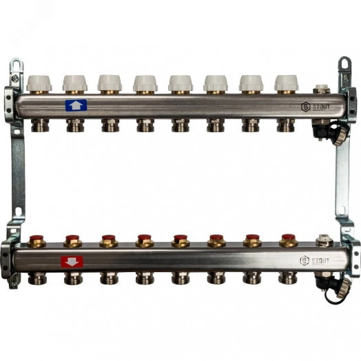 Блок коллекторный с ручными регулировочными клапанами 1' х 8 выходов 3/4' НР евроконус с воздухоотводчиком и сливом