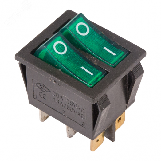 Выключатель клавишный 250V 15А (6с) ON-OFF зеленый  с подсветкой  ДВОЙНОЙ  REXANT