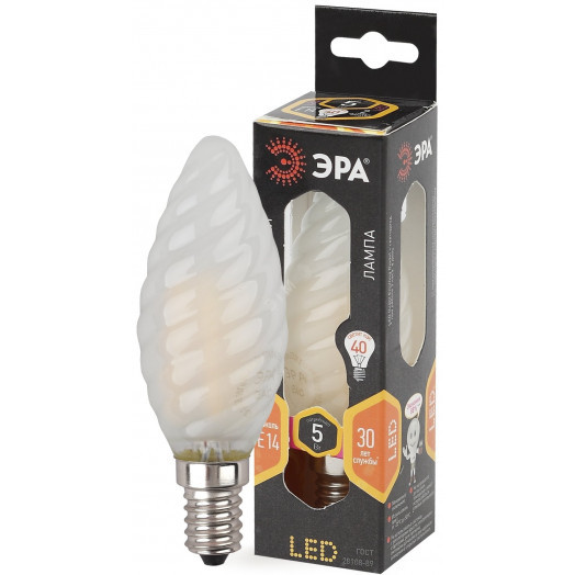Лампа светодиодная филаментная F-LED BTW-5W-827-E14 frost (филамент, свеча витая мат., 5Вт, тепл, E14 (10/100/2800) ЭРА