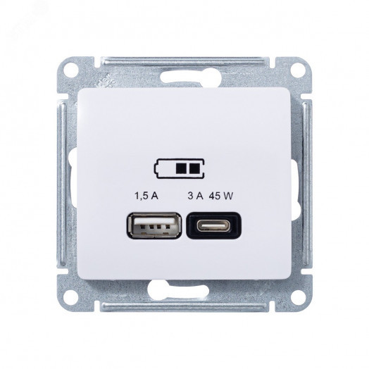 GLOSSA USB РОЗЕТКА A + тип-C 45W высокоскорост. зарядка QC, PD, механизм, БЕЛЫЙ
