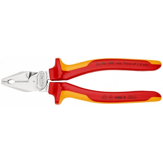 Плоскогубцы комбинированные VDE 1000V рез твердая проволока 25мм рояльная струна (HRC 59) 2мм кабель 115мм (16мм) L=180мм диэлектрические хромированные двухкомпонентные рукоятки