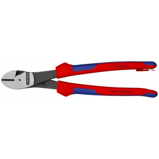 Бокорезы (кусачки боковые) голова под углом 25° рез: проволока средней твёрдости  46 мм твёрдая проволока  35 мм рояльная струна (HRC 59)  3 мм L-250 мм чёрные 2-компонентные рукоятки крепление для страховки блистер KN-7422250TBK