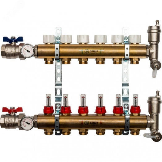 Коллекторная группа латунная 1' на 6 выходов со встроенными расходомерами