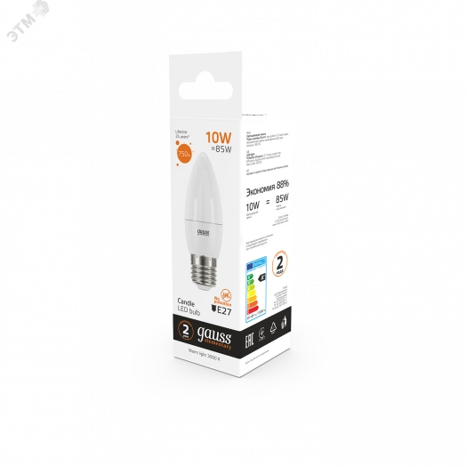Лампа светодиодная LED 10 Вт 750 Лм теплая 3000К E27 свеча Elementary Gauss