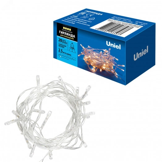 Гирлянда светодиодная 25м 20 светодиодов Теплый белый свет Провод прозрачный ULD-S0250-020/STA WARM WHITE IP20