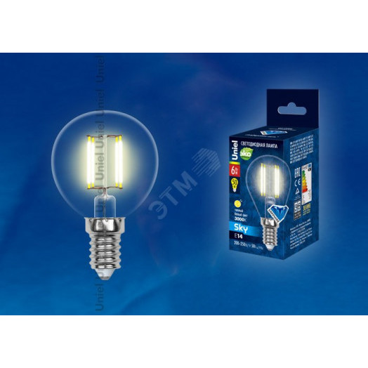 Лампа светодиодная LED 6вт 200-250В шар прозрачное 500Лм Е14 3000К Uniel Sky филамент