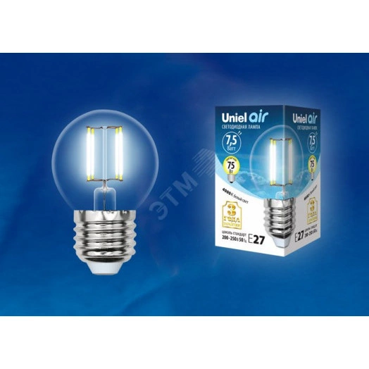 LED-G45-7,5W/NW/E27/CL GLA01TR Лампа светодиодная. Форма ''шар'', прозрачная. Серия Air. Белый свет (4000K). Картон. ТМ Uniel