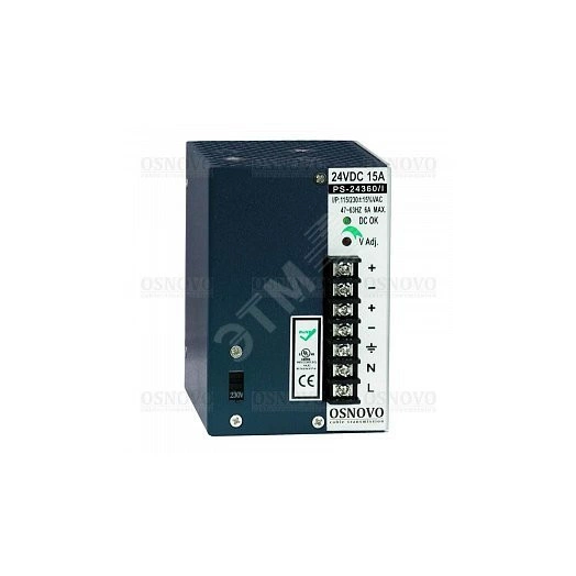 Блок питания промышленный. DC24V, 15A(360W). Диапазон входных напряжений AC115, 230V. КПД 82%.