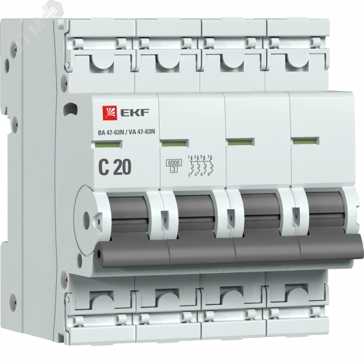 Автоматический выключатель 4P 20А (C) 6кА ВА 47-63N EKF PROxima