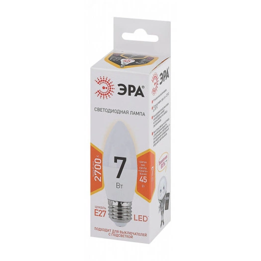 Лампа светодиодная LED B35-7W-827-E27 (диод, свеча, 7Вт, тепл, E27, (10/100/2800) ЭРА