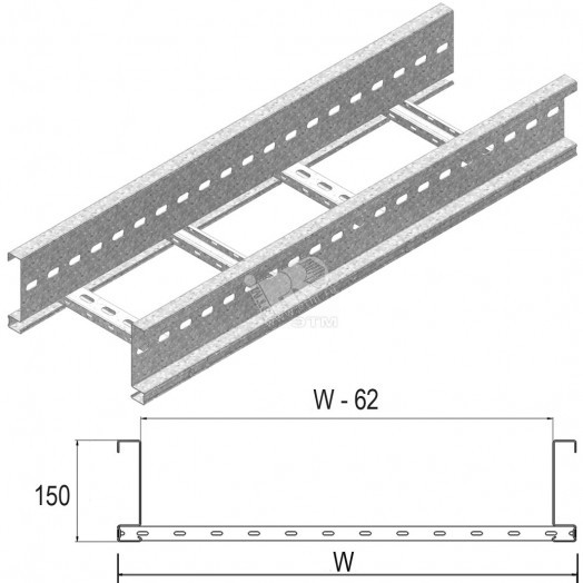 Кабельный лоток лестничного типа серии HEAVY, высота - 150 мм, ширина - 1018 мм, длина - 6000 мм, толщина - 2 мм, кратность - 6м, PE - Сталь с порошковым покрытием (окрашенная)
