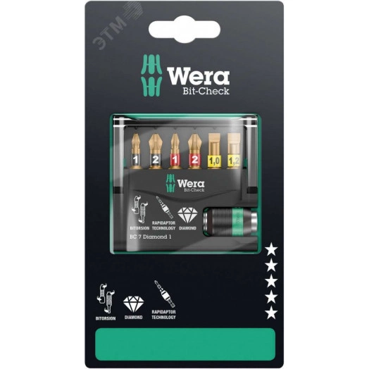 Набор бит с битодержателем Bit-Check 7 Diamond 1 SB алмазное покрытие 7 предметов с держателем-еврослот