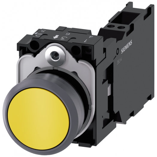 Выключатель кнопочный 22мм кругл. пластмасса с металлическим фронтальным кольцом цвет: желтый кнопка плоск. нажатием на кнопку с держателем 1НО+1НЗ пружинная клемма Siemens 3SU11300AB303FA0