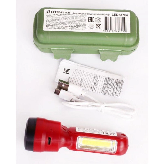 Фонарь аккумуляторный LED53764 4В 2LED 3Вт 2 реж. USB бокса красн. Ultraflash 14664
