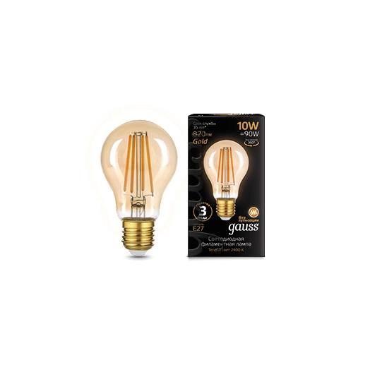 Лампа светодиодная филаментная Filament 10Вт A60 2400К тепл. бел. E27 820лм golden GAUSS 102802010
