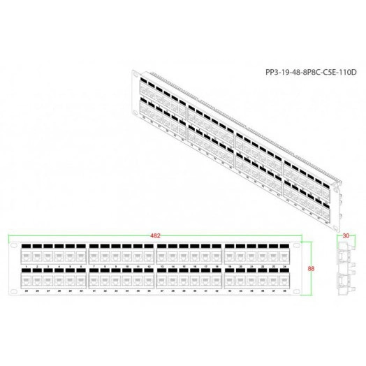 Патч-панель PP3-19-48-8P8C-C5E-110D 19дюйм. 2U 48 порт. RJ45 кат. 5e Dual IDC ROHS черн. Hyperline 246100