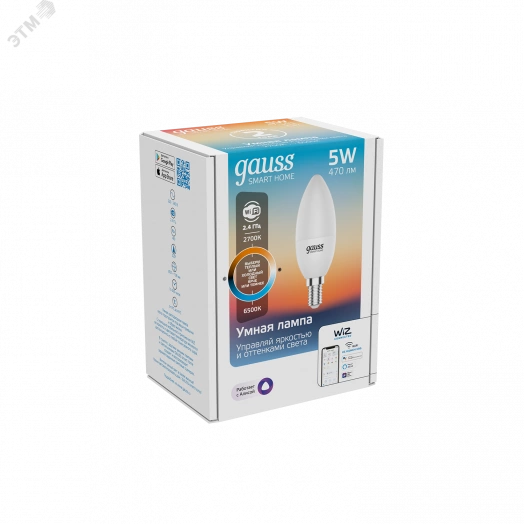 Лампа светодиодная умная LED 5 Вт 470 Лм 2700-6500К Е14 свеча изм.цвет.темп.+диммирование управление по Wi-Fi Smart Home Gauss