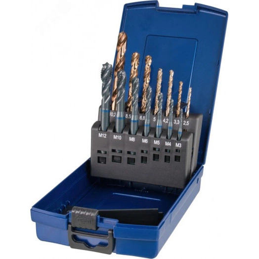 Набор метчиков машинных BLUE RING и сверл HSS-E, DIN 371/376, 35 град RSP, 14 пр., M3-M12, DIN 338 тип N d 2.5-10.2 мм