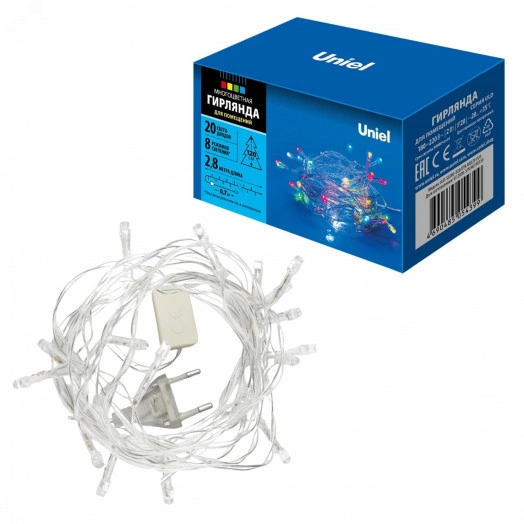Гирлянда светодиодная с контроллером 20 светодиодов 2,8 м разноцветная IP20 провод прозрачный ULD-S0280-020/DTA MULTI IP20