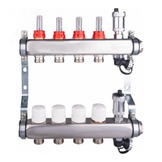 Группа коллекторная со встроенными расходомерами в сборе 1' х 4 выхода евроконус 3/4' из нержавеющей стали