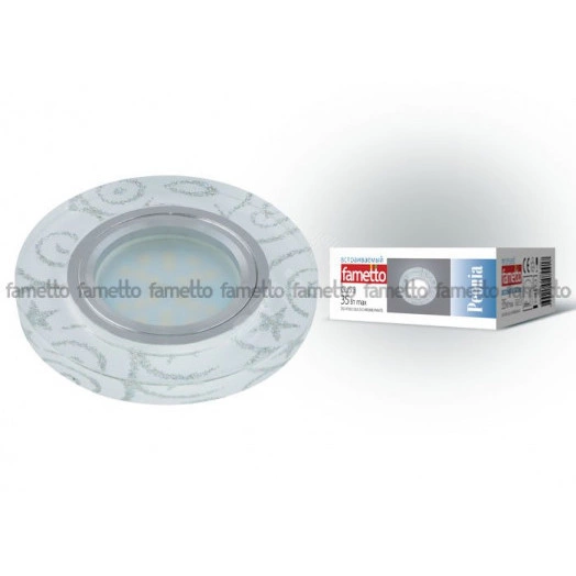 DLS-P202 GU5.3 CHROME/WHITE Светильник декоративный встраиваемый ТМ ''Fametto'', серия ''Peonia''. Без лампы, цоколь GU5.3. Основание металл, цвет хром. Отделка стекло с серебром на белом фоне