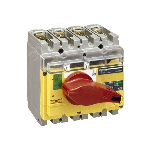 Выключатель-разъединитель INV100 4п красная рукоятка/желтая панель