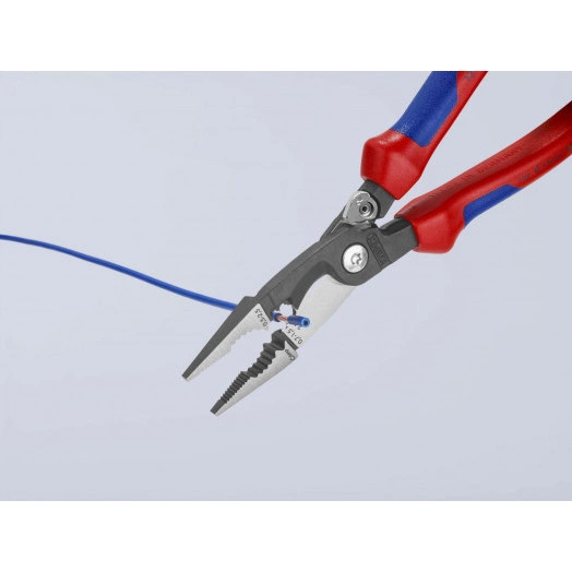 Клещи электромонтажные 6-в-1 захват плоского и круглого материала гибка удаление заусенцев снятие изоляции 075 - 15 + 25 мм обжимка контактных гильз 05 - 25 мм кабелерез  15 мм (5 х 25 мм) L-200 мм защёлка-собачка хромированные обливные рукоятки