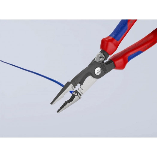 Клещи электромонтажные 6-в-1 захват плоского и круглого материала гибка удаление заусенцев снятие изоляции 075 - 15 + 25 мм обжимка контактных гильз 05 - 25 мм кабелерез  15 мм (5 х 25 мм) L-200 мм защёлка-собачка хромированные обливные рукоятки