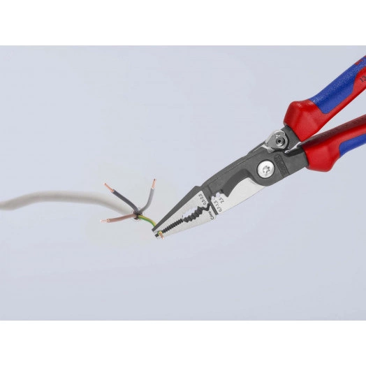 Клещи электромонтажные 6-в-1 захват плоского и круглого материала гибка удаление заусенцев снятие изоляции 075 - 15 + 25 мм обжимка контактных гильз 05 - 25 мм кабелерез  15 мм (5 х 25 мм) L-200 мм защёлка-собачка хромированные обливные рукоятки