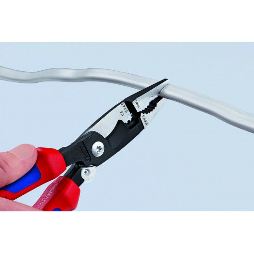 Клещи электромонтажные 6-в-1 захват плоского и круглого материала гибка удаление заусенцев снятие изоляции 075 - 15 + 25 мм обжимка контактных гильз 05 - 25 мм кабелерез  15 мм (5 х 25 мм) L-200 мм защёлка-собачка хромированные обливные рукоятки