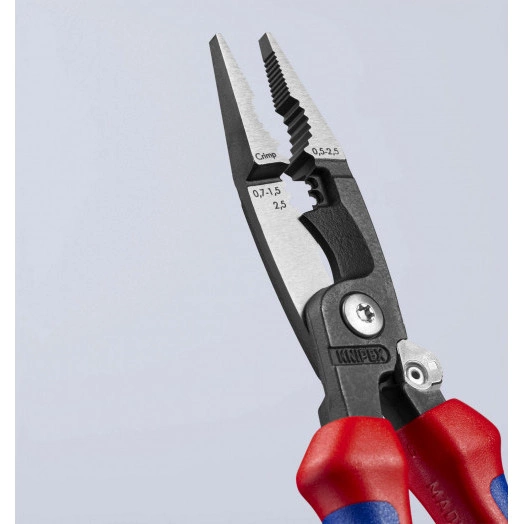 Клещи электромонтажные 6-в-1 захват плоского и круглого материала гибка удаление заусенцев снятие изоляции 075 - 15 + 25 мм обжимка контактных гильз 05 - 25 мм кабелерез  15 мм (5 х 25 мм) L-200 мм защёлка-собачка хромированные обливные рукоятки