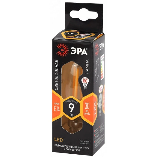 Лампа светодиодная F-LED B35-9w-827-E14  (филамент, свеча, 9Вт, тепл, E14) (10/100/5000) ЭРА